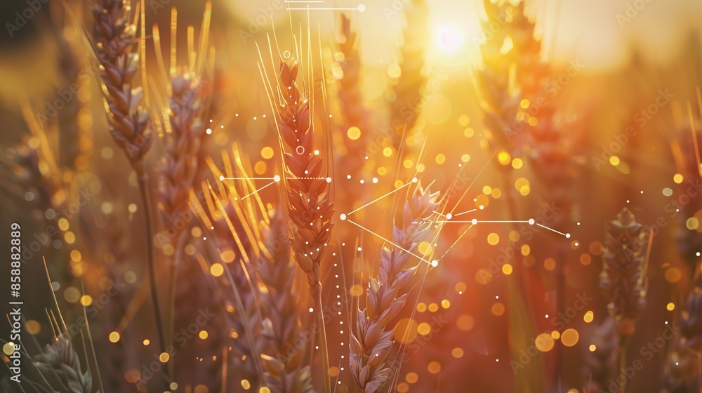 Fototapeta premium Golden wheat field with blurred sunset light in the background and beautiful bokeh. Wheat farming concept ready to harvest