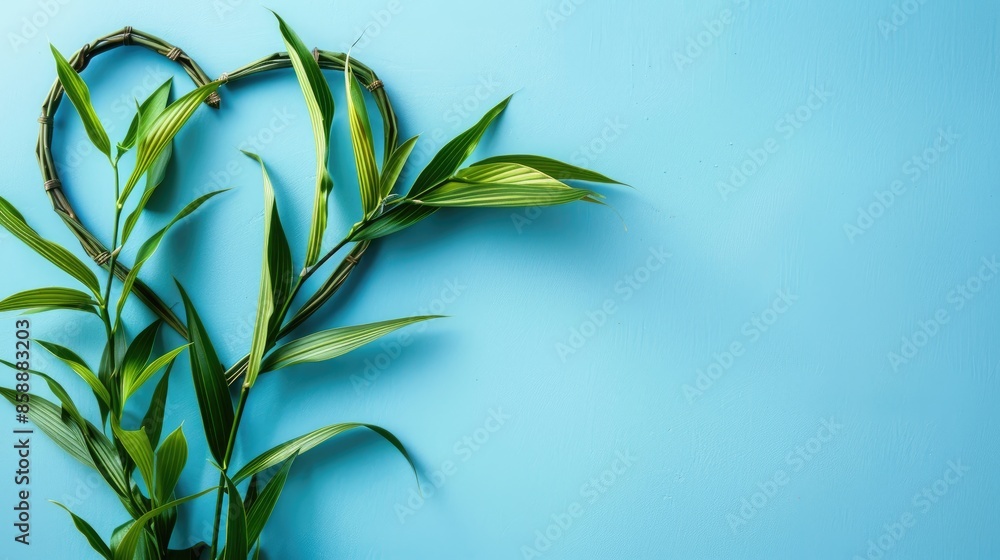 Fototapeta premium Rattan plant shaped like a heart on blue backdrop symbolizing love