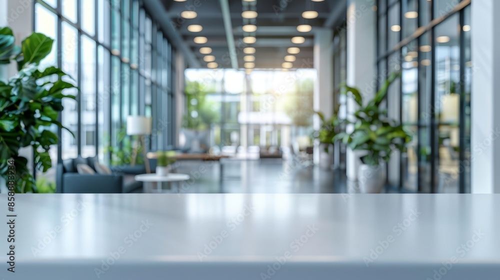 A modern office interior with a blurred background, white desk and glass wall, blurred focus on an open space or conference room table A modern office interior with a blurred background, white desk and glass wall, blurred focus on an open space or conference room table