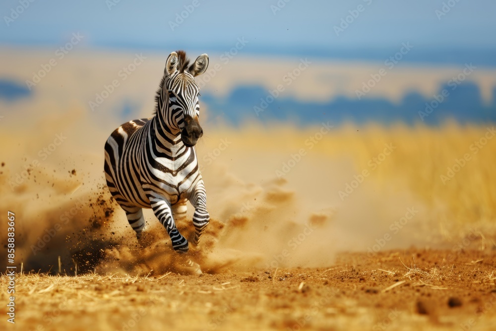 Obraz premium Galloping zebra kicking up dust on the savannah