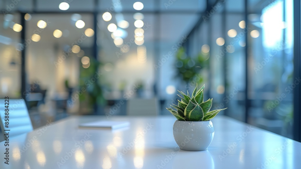 A modern office interior with a blurred background, white desk and glass wall, blurred focus on an open space or conference room table A modern office interior with a blurred background, white desk and glass wall, blurred focus on an open space or conference room table