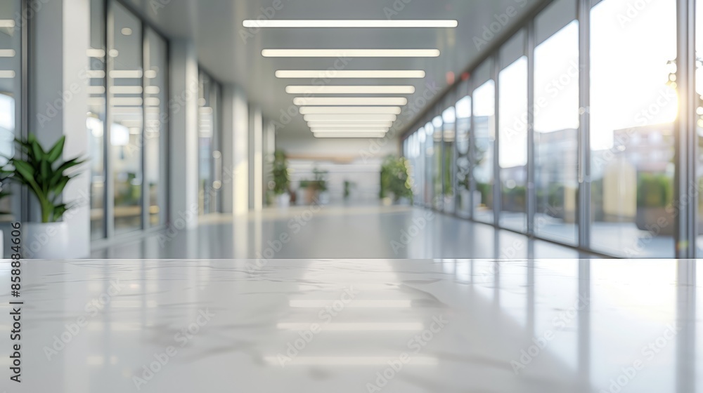 A modern office interior with a blurred background, white desk and glass wall, blurred focus on an open space or conference room table A modern office interior with a blurred background, white desk and glass wall, blurred focus on an open space or conference room table