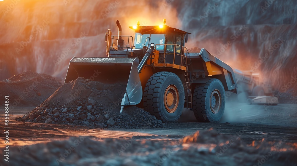 Powerful yellow excavator working in a quarry. Powerful yellow excavator working in a quarry.