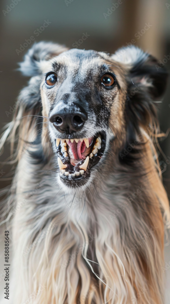 Fototapeta premium A dog with a big smile on its face and sharp teeth looking aside