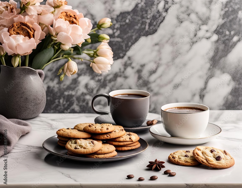 a cup of coffee and cookies on a table with flowers. a cup of coffee and cookies on a table with flowers.