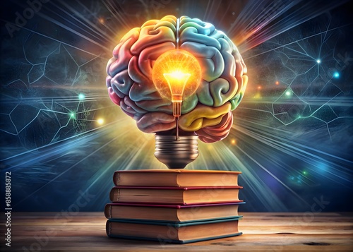 Light Bulb Head With Books And Colorful Background Representing Creativity And Knowledge.