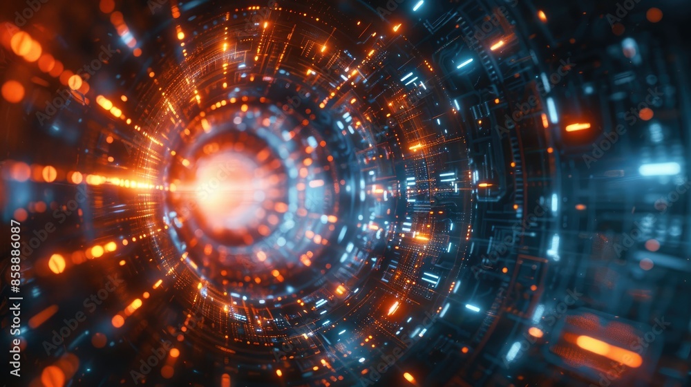 Fototapeta premium Abstract digital tunnel with glowing orange and blue lights. Futuristic, technology, and data concept.