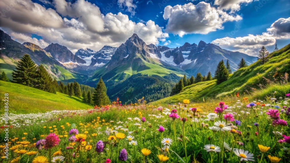 Serene idyllic mountain landscape in the alps with lush green meadows awash with vibrant wildflowers blooming in springtime under blue sky with puffy clouds.,hd,8k. Serene idyllic mountain landscape in the alps with lush green meadows awash with vibrant wildflowers blooming in springtime under blue sky with puffy clouds.,hd,8k.