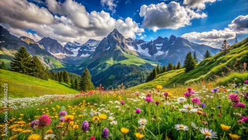 Serene idyllic mountain landscape in the alps with lush green meadows awash with vibrant wildflowers blooming in springtime under blue sky with puffy clouds.,hd,8k.