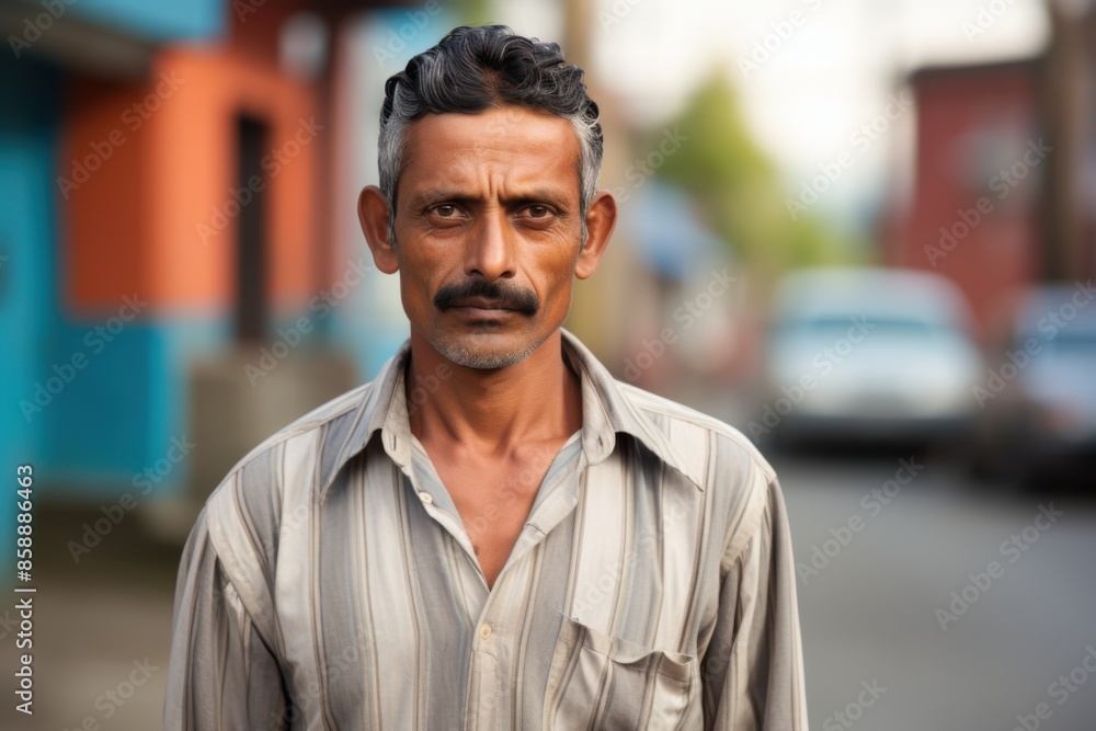 Hispanic man serious face portrait on a city street Hispanic man serious face portrait on a city street