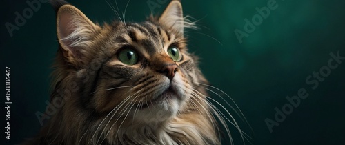 Beautiful advertisement close-up studio portrait of a purebreed fluffy mainecoon cat on dark green background. Great for veterinary clinic or pet food promotion header.