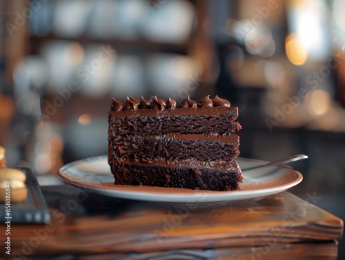 Delicious slice of rich chocolate cake on a plate, perfect for dessert lovers and a wonderful addition to any food photography collection. photo