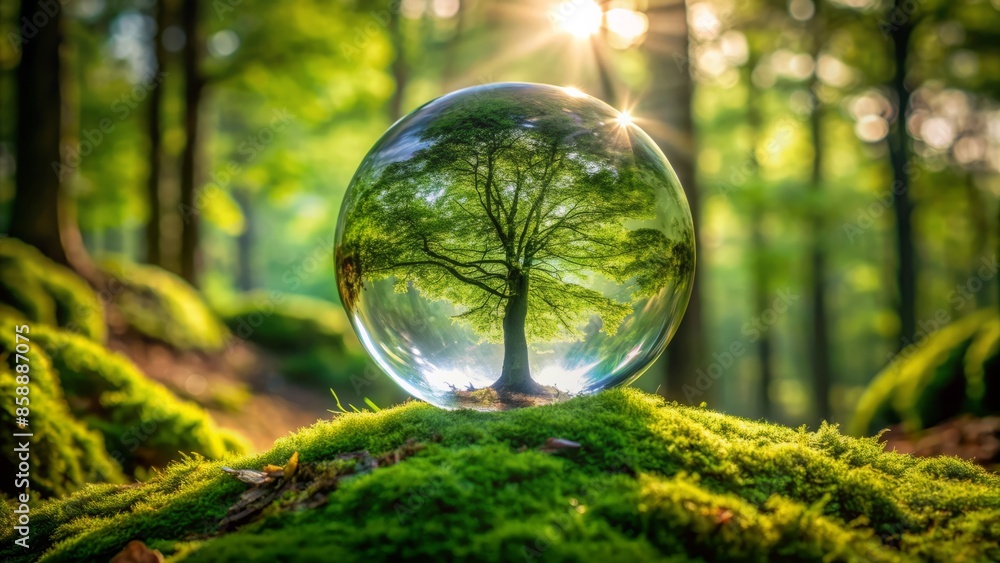 Serenely majestic green tree reflected in a crystal clear lens ball nestled among lush green moss, encapsulating the essence of pristine nature.,hd,8k. Serenely majestic green tree reflected in a crystal clear lens ball nestled among lush green moss, encapsulating the essence of pristine nature.,hd,8k.