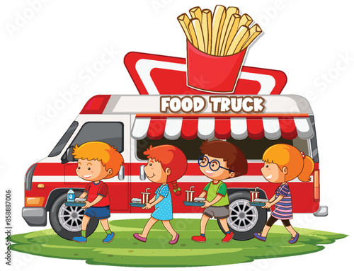 Children walking with food near a food truck