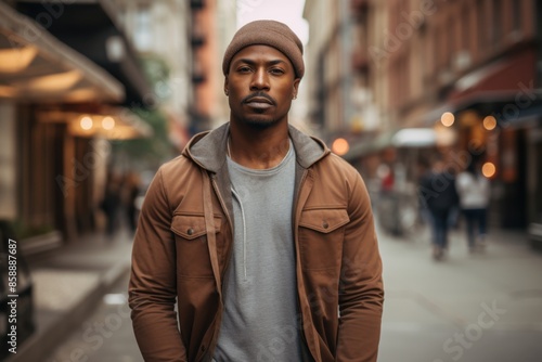 Black man serious face portrait on a city street