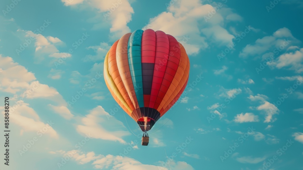 Fototapeta premium Colorful Hot Air Balloon in a Clear Blue Sky with Puffy Clouds
