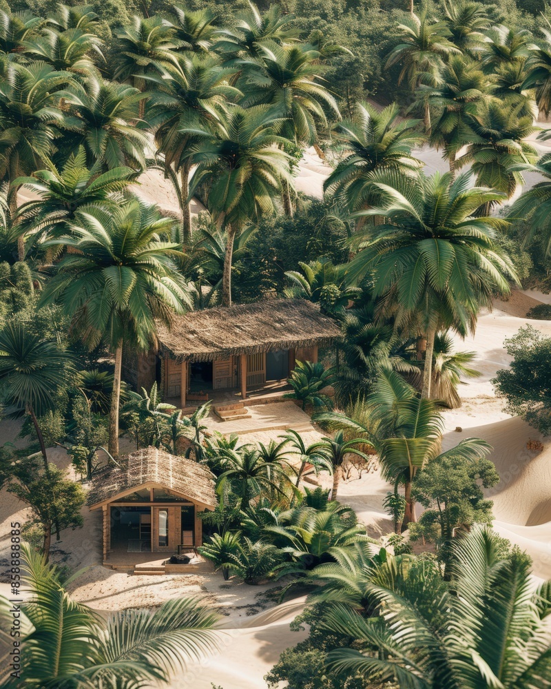 Fototapeta premium Scenic tropical landscape with rustic cabins nestled among lush palm trees on sandy terrain, ideal for a peaceful and serene getaway.