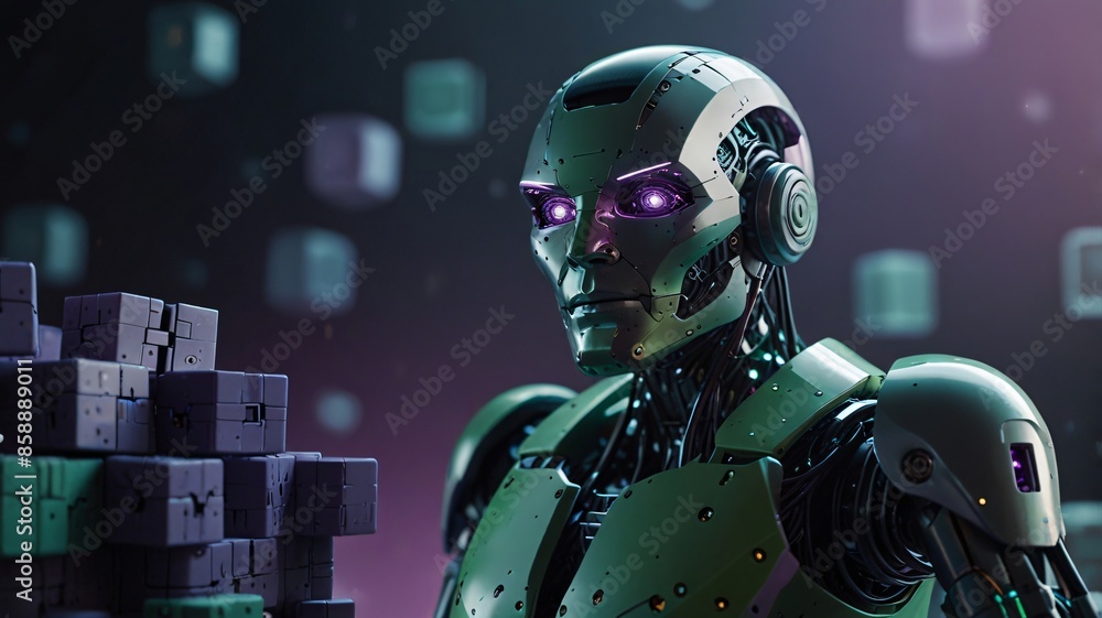 An AI robot surrounded by a cube indicates a future with advanced cyborgs or robots. An AI robot surrounded by a cube indicates a future with advanced cyborgs or robots.