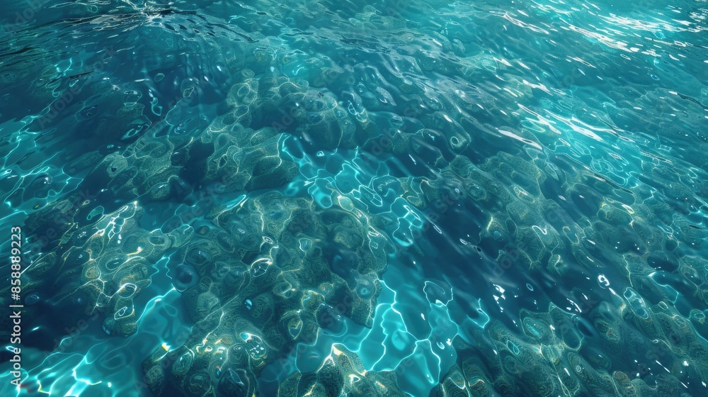 The water is clear and calm, with a few rocks visible in the background. Concept of tranquility and serenity The water is clear and calm, with a few rocks visible in the background. Concept of tranquility and serenity