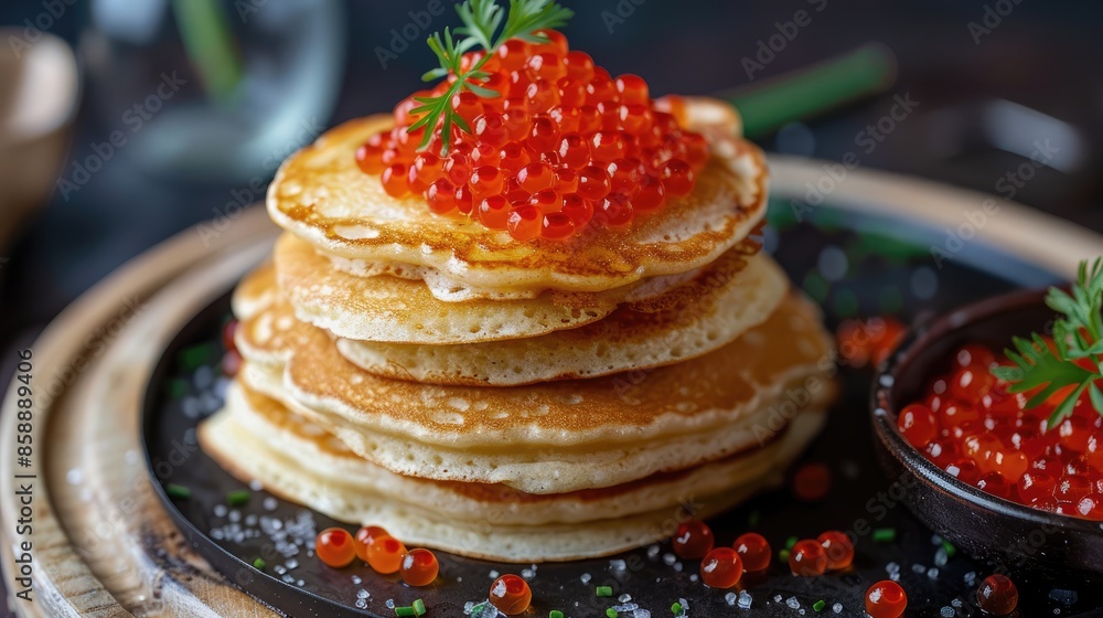 A stack of pancakes with red caviar on the table. A healthy breakfast. A delicious traditional dish on a dark background. A stack of pancakes with red caviar on the table. A healthy breakfast. A delicious traditional dish on a dark background.