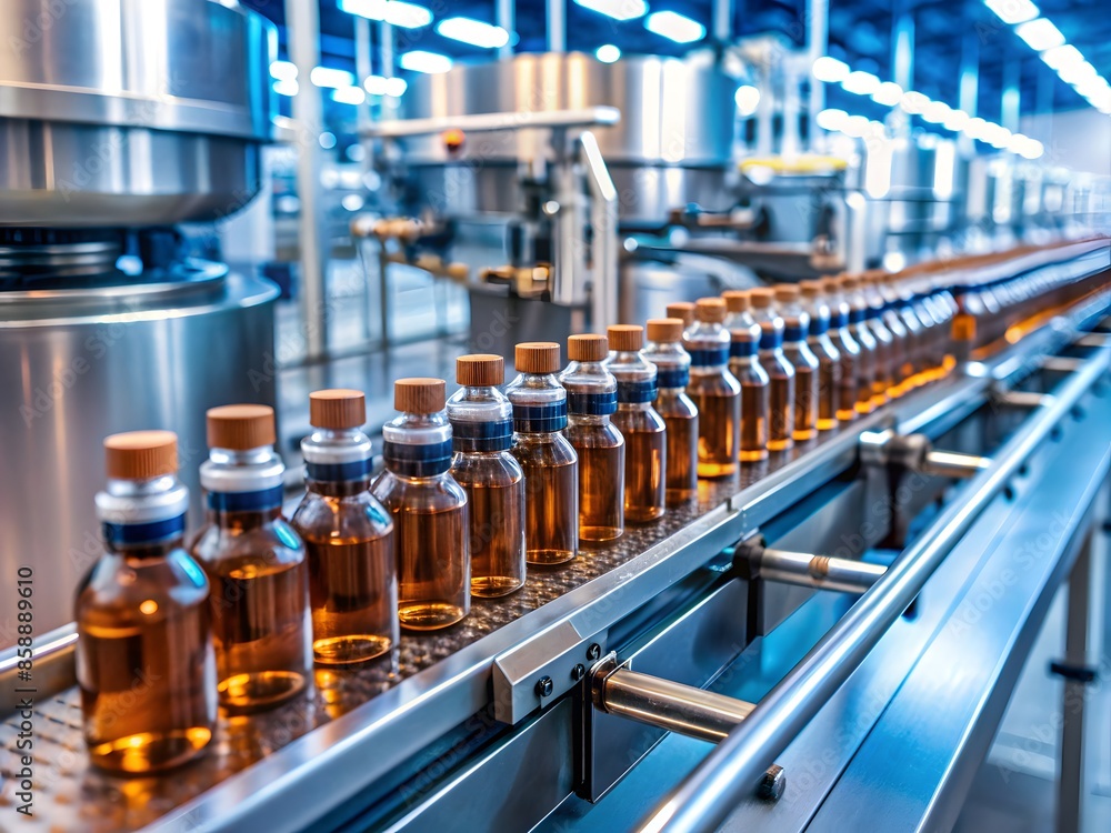 Bottles On A Conveyor Belt In A Factory. Bottles On A Conveyor Belt In A Factory.