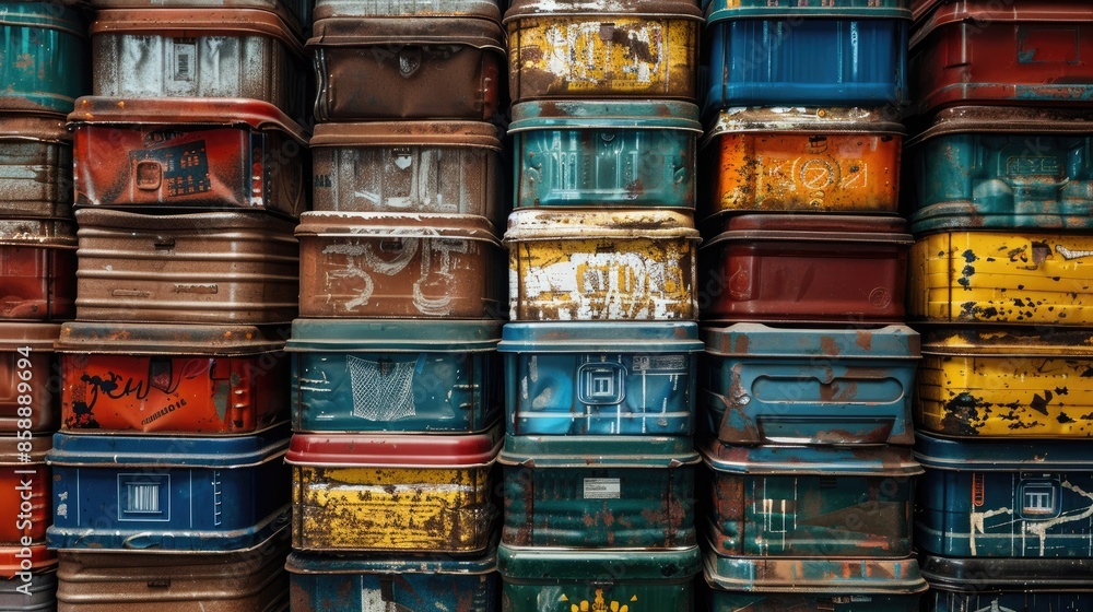 A stack of old metal cans with various colors and designs. Concept of nostalgia and history, as these cans have likely been used for a long time and have been passed down through generations A stack of old metal cans with various colors and designs. Concept of nostalgia and history, as these cans have likely been used for a long time and have been passed down through generations