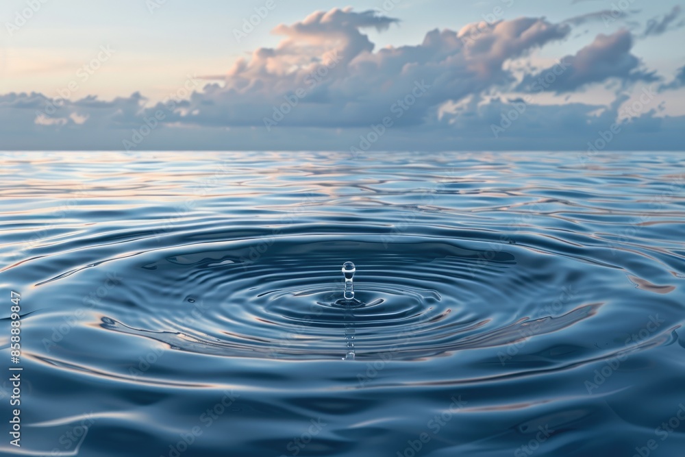 A drop of water falls into the ocean, creating a ripple effect. Concept of tranquility and calmness, as the water is still and peaceful A drop of water falls into the ocean, creating a ripple effect. Concept of tranquility and calmness, as the water is still and peaceful