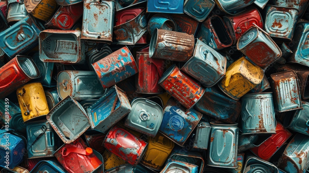 A pile of old cans, some of which are yellow, red, and blue. The cans are piled on top of each other, creating a disorganized and cluttered appearance. Concept of waste and neglect A pile of old cans, some of which are yellow, red, and blue. The cans are piled on top of each other, creating a disorganized and cluttered appearance. Concept of waste and neglect