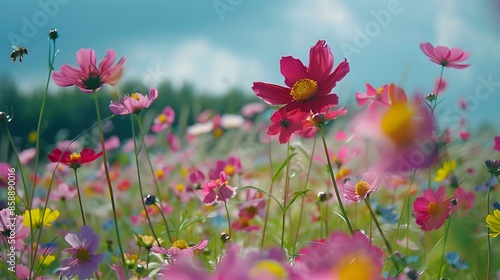 Vibrant Wildflower Field With Buzzing Bee in Colorful Bloom © pkproject