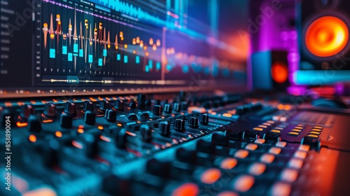 Close-up of a music mixing board with a computer monitor in the background. © DudeDesignStudio