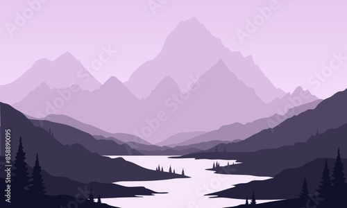 Vector purple mountain landscape with clean sky, calm river and tree silhouettes photo