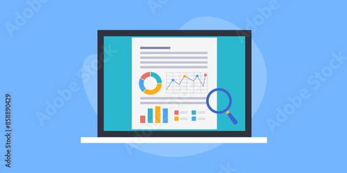 Financial report and business data analytics on laptop screen, vector illustration.