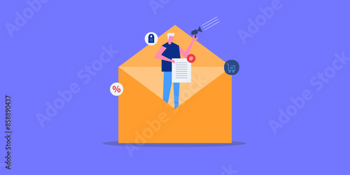 Businessman promoting brand message with email marketing and newsletter announcement, vector illustration.