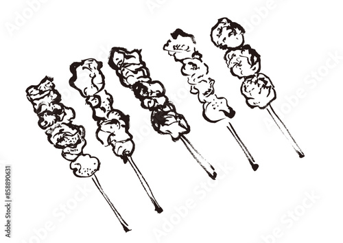 焼き鳥5本の手書きの和風筆書きイラスト
