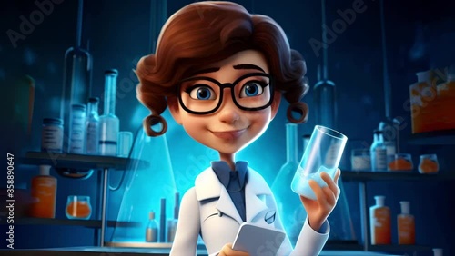 Kind female scientist character researching substance in test tube in laboratory