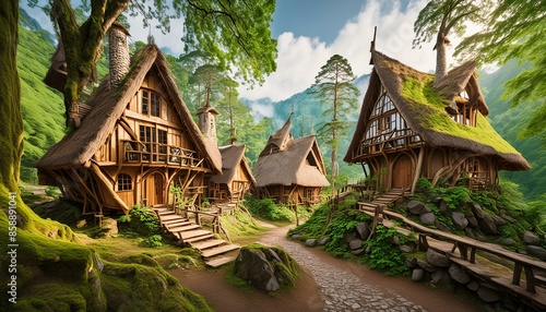 Elven Village - A serene elven village nestled in a lush forest with elegant treehouses