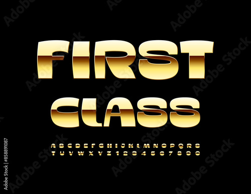 Vector elite emblem First Class. Premium Gold Font. Trendy Alphabet Letters and Numbers set.