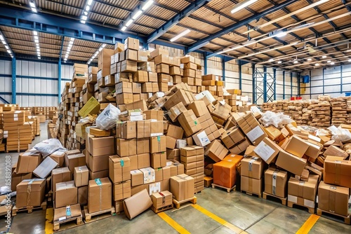 pile of messy packages at sorting warehouse. Supply chain disruption concept