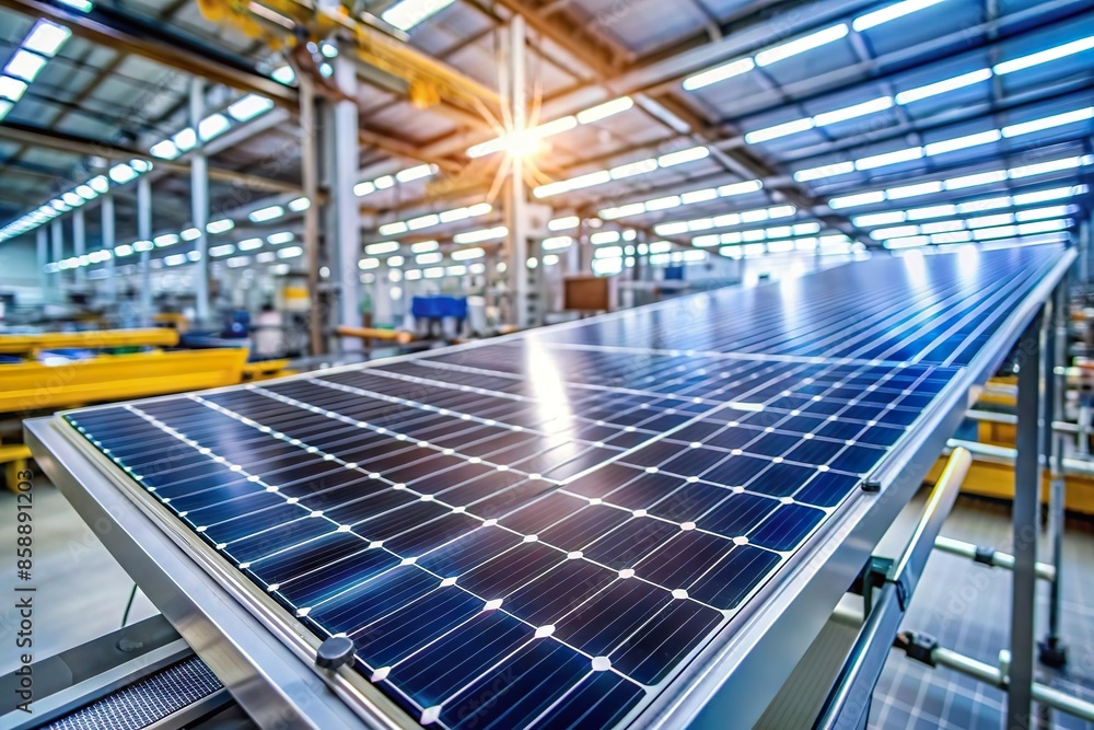 solar panel in manufacture factory. Clean renewable energy sector industry solar panel in manufacture factory. Clean renewable energy sector industry