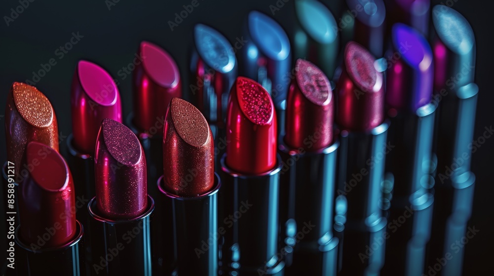 Vibrant Collection of Various Colored Lipsticks with Glitter Effects on Dark Background Vibrant Collection of Various Colored Lipsticks with Glitter Effects on Dark Background