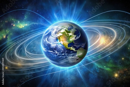 Fototapeta Naklejka Na Ścianę i Meble -  earth magnetic field glowing in outer space. geomagnetic force illustration