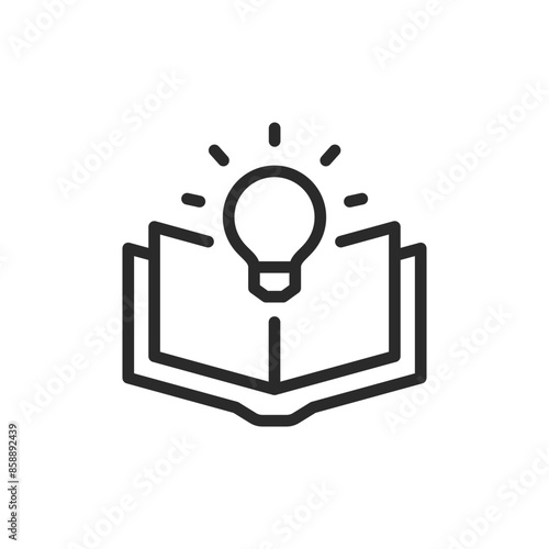 Open book with light bulb, linear style icon. Open book with a glowing light bulb above it. Editable stroke width