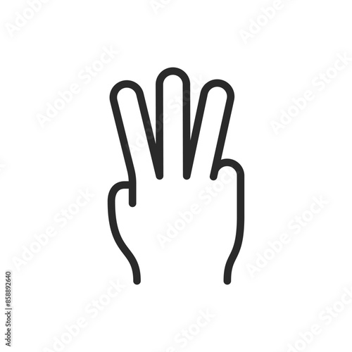 Hand showing number three, linear style icon. Editable stroke width