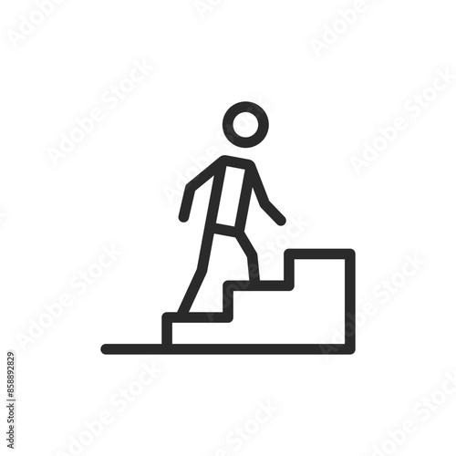 Person ascending steps, linear style icon. Walking upstairs. Editable stroke width.