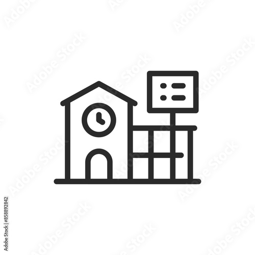Station building icon. A building a bus or train station. Line with editable stroke.