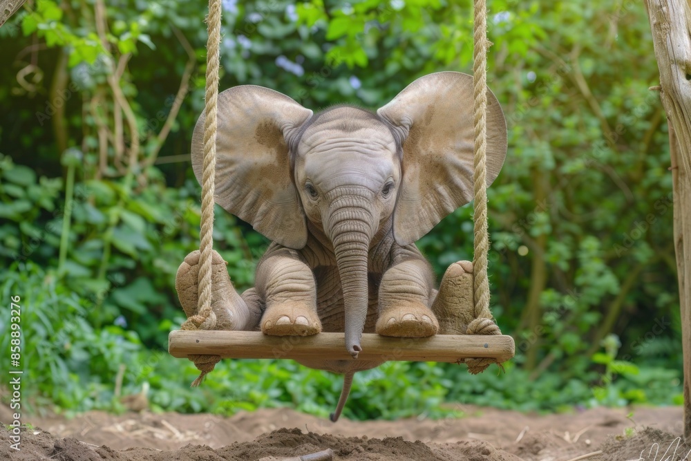 A playful baby elephant sitting on a swing, its large ears flapping with joy. A playful baby elephant sitting on a swing, its large ears flapping with joy.