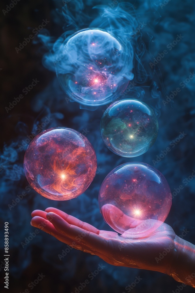 Hand guides three floating spheres in dim, mystical blue scene, radiating otherworldly magic. Periwinkle, pink, and lime hues. Hand guides three floating spheres in dim, mystical blue scene, radiating otherworldly magic. Periwinkle, pink, and lime hues.
