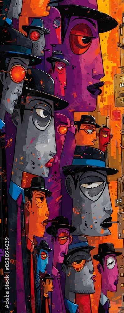 Vibrant characters in unique modern outfits, surrounded by lilac, gray, and orange hues. Vibrant characters in unique modern outfits, surrounded by lilac, gray, and orange hues.