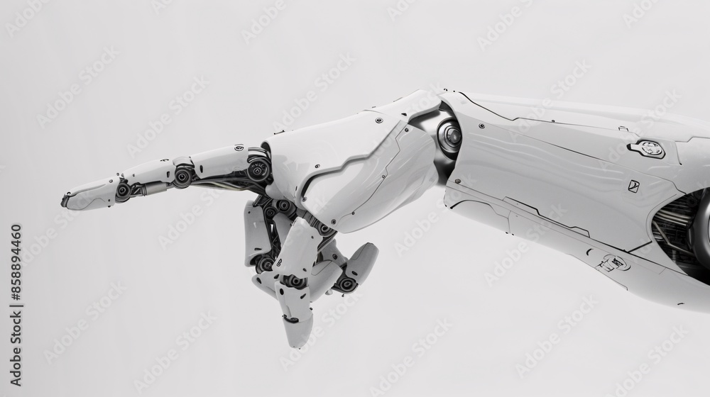 A 3D rendering of a white cyborg robotic hand pointing its finger, isolated on a free PNG background. A 3D rendering of a white cyborg robotic hand pointing its finger, isolated on a free PNG background.