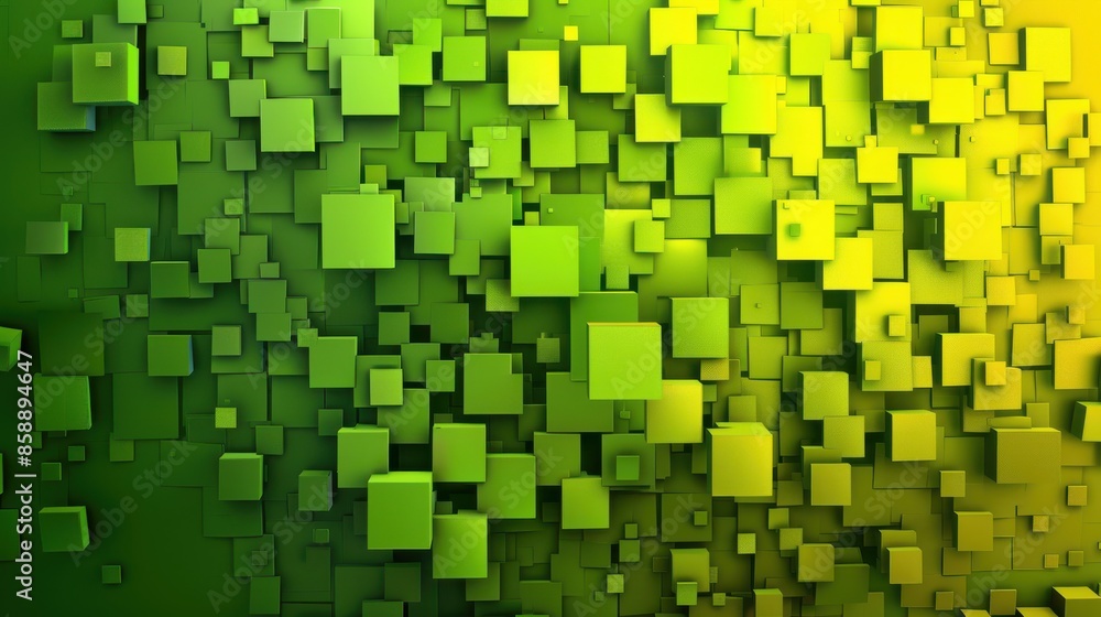 Fototapeta premium A green background with many small squares of different sizes. The squares are all green and are arranged in a way that creates a sense of depth and texture. The image has a modern